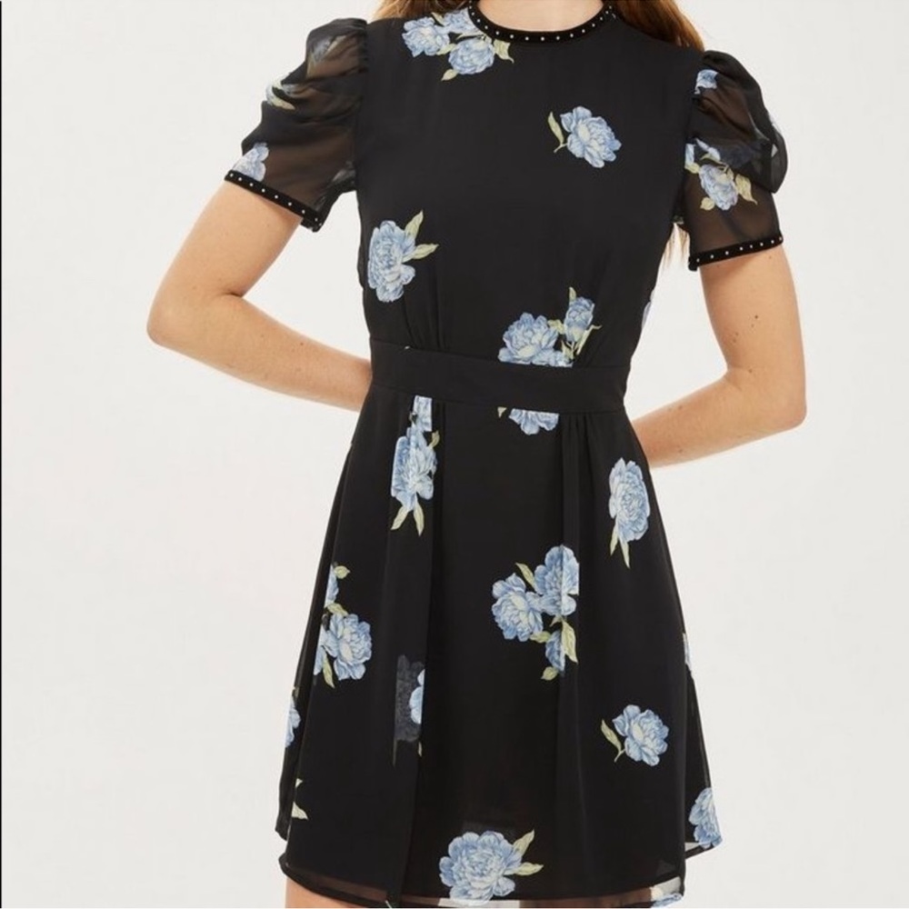 Topshop studded puff sleeve black dress with blue flowers